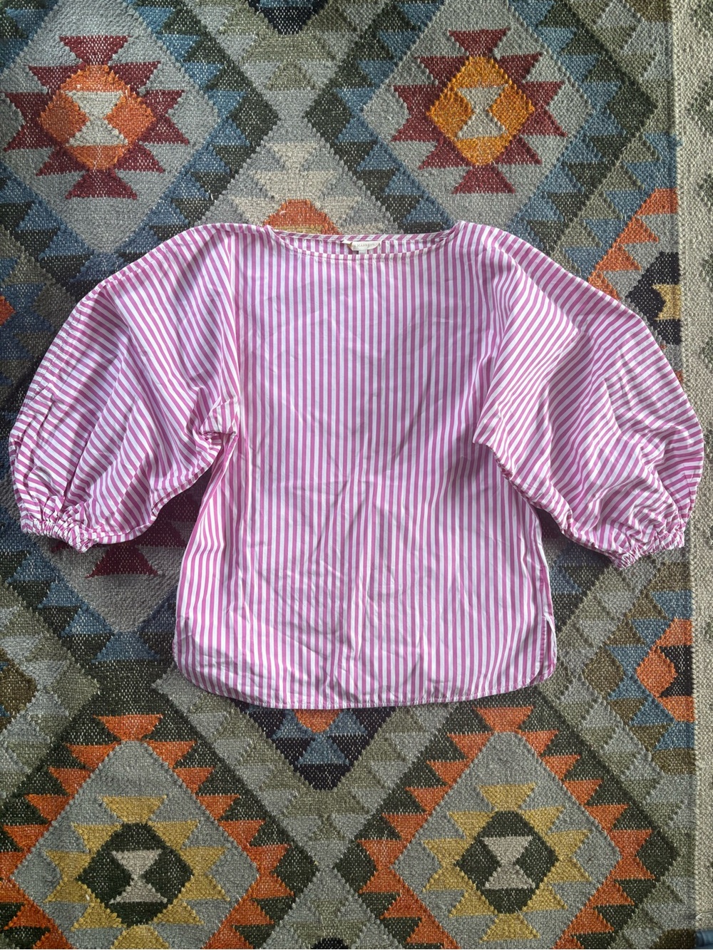 Ann Mashburn Elora Volume Top 100% Cotton Poplin Blouse Pink Stripe Small